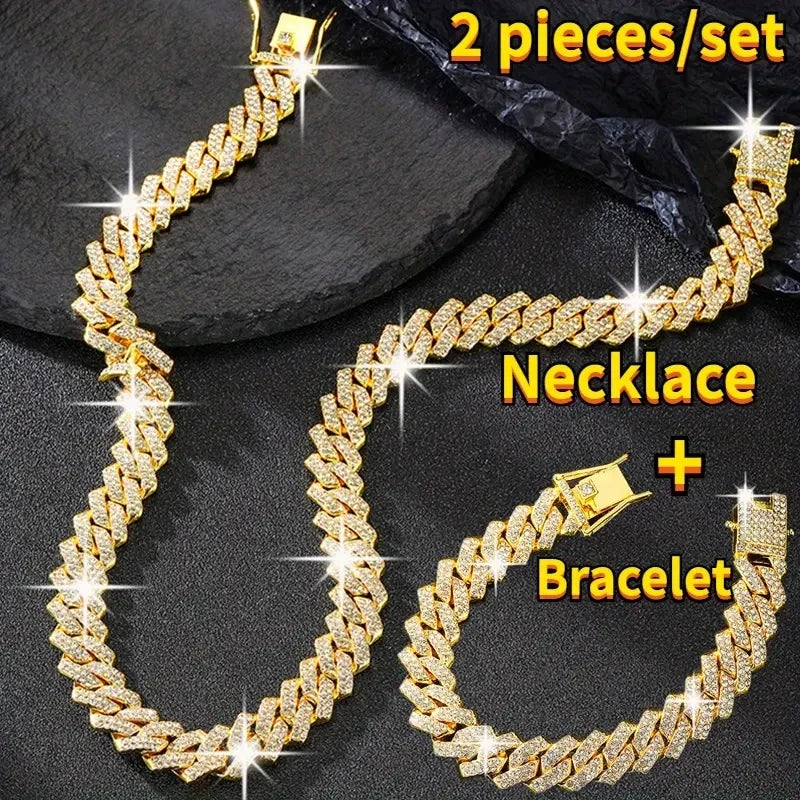 2pcs/set Necklace+bracelet   Y2K Rhinestone Cuban Lozenge Link Chain .  Hip Hop Miami Unisex Necklace , Rapper Necklace Jewelry