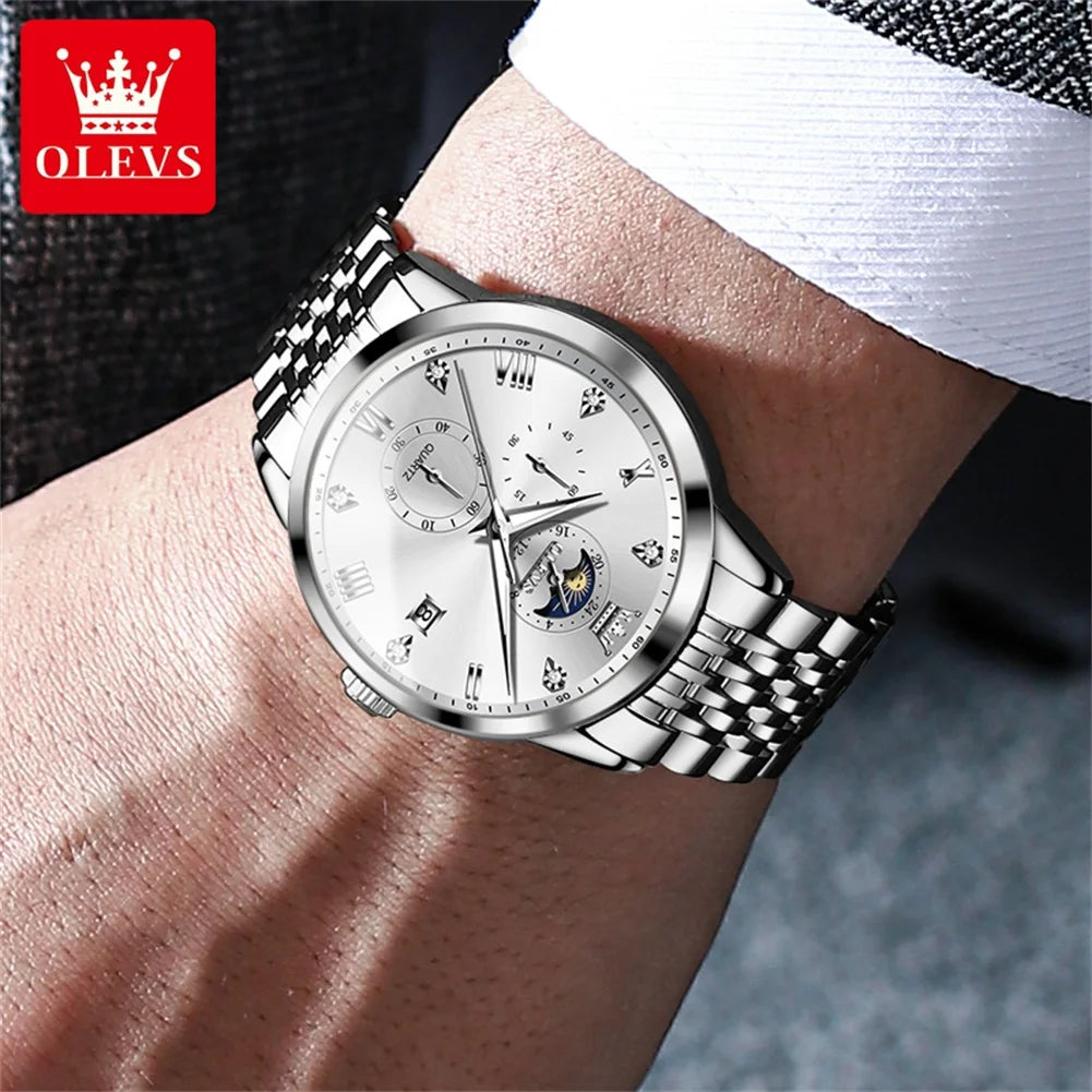 OLEVS Trend Fashion Men's Watches Simple Business Original Quartz Watch for Man Waterproof Luminous Date Moon Phase Chronograph