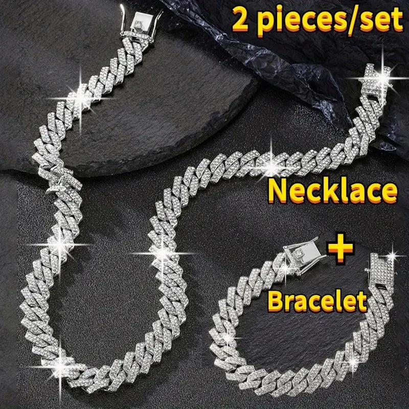 2pcs/set Necklace+bracelet   Y2K Rhinestone Cuban Lozenge Link Chain .  Hip Hop Miami Unisex Necklace , Rapper Necklace Jewelry