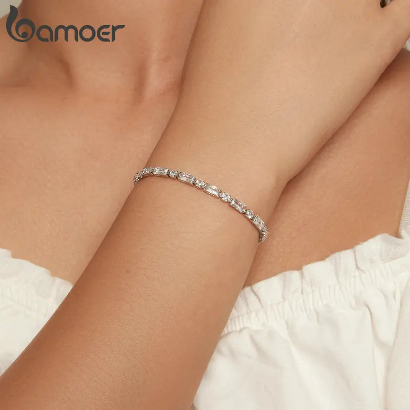 Bamoer Luxury Square Zircon Adjustable Bracelet Sparkling Zirconia Chain Link for Men Women Birthday Gift Crystal Fine Jewelry