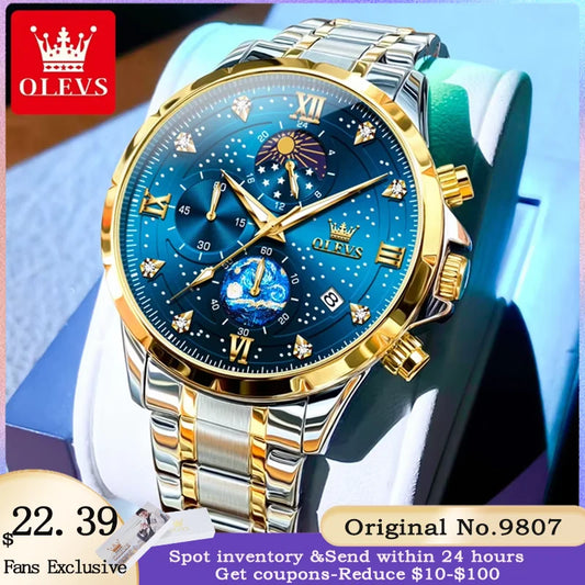 OLEVS 9807 Men Watch Fashion Trend Multi functional Original Starry Sky Waterproof Moonphase Watch Luxury Brand Men Quartz Watch