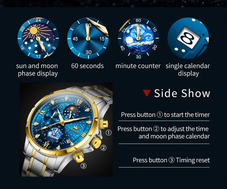 OLEVS 9807 Men Watch Fashion Trend Multi functional Original Starry Sky Waterproof Moonphase Watch Luxury Brand Men Quartz Watch