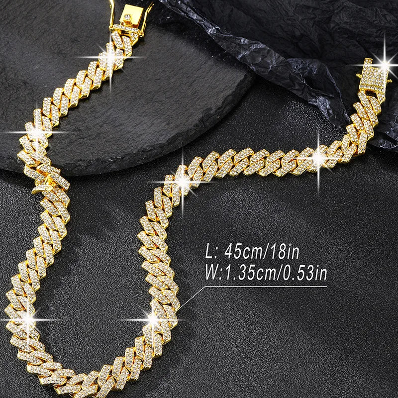 2pcs/set Necklace+bracelet   Y2K Rhinestone Cuban Lozenge Link Chain .  Hip Hop Miami Unisex Necklace , Rapper Necklace Jewelry