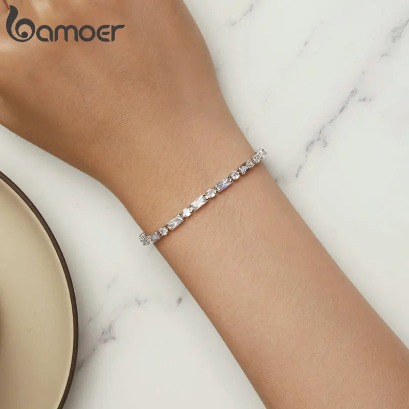 Bamoer Luxury Square Zircon Adjustable Bracelet Sparkling Zirconia Chain Link for Men Women Birthday Gift Crystal Fine Jewelry