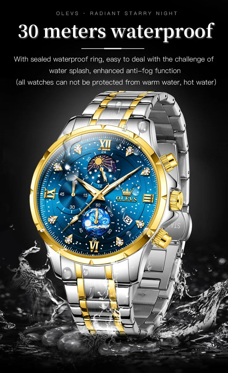 OLEVS 9807 Men Watch Fashion Trend Multi functional Original Starry Sky Waterproof Moonphase Watch Luxury Brand Men Quartz Watch