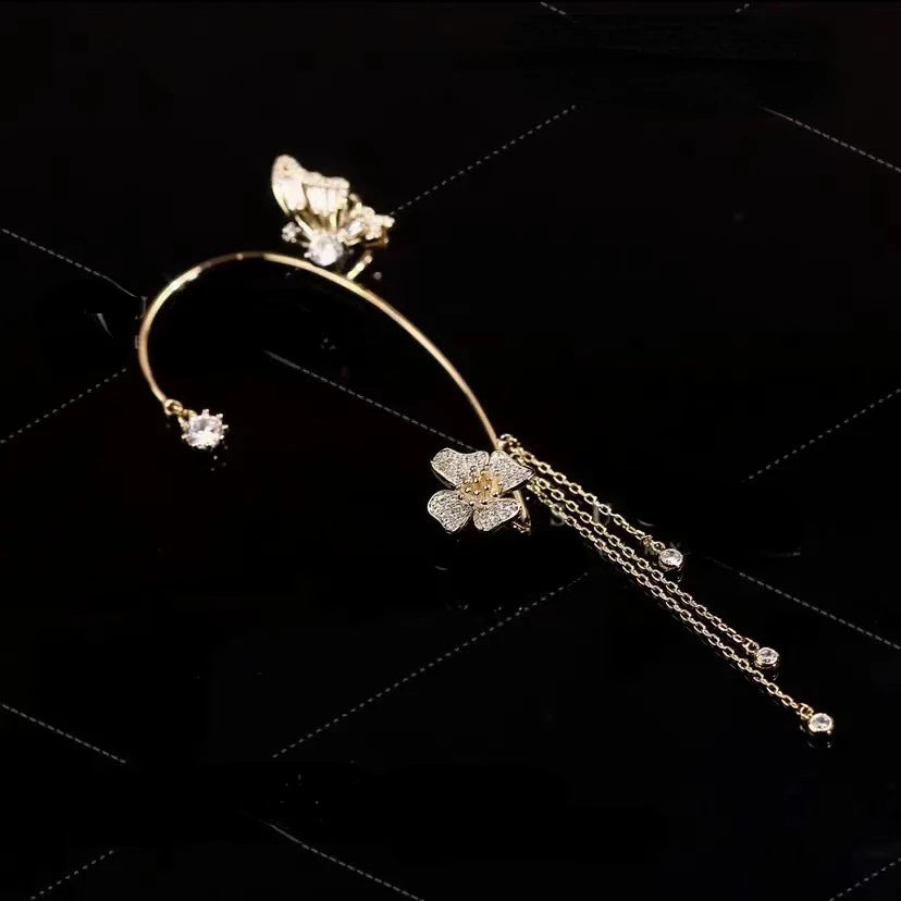 Fashion Crystal Butterfly Clip Earring for Women Pearl Bead Ear Cuff Long Tassel Charm Hollow Earrings Clip Wedding Jewelry Gift