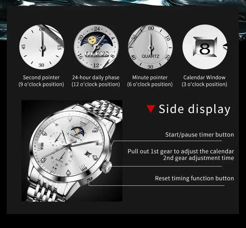 OLEVS Trend Fashion Men's Watches Simple Business Original Quartz Watch for Man Waterproof Luminous Date Moon Phase Chronograph