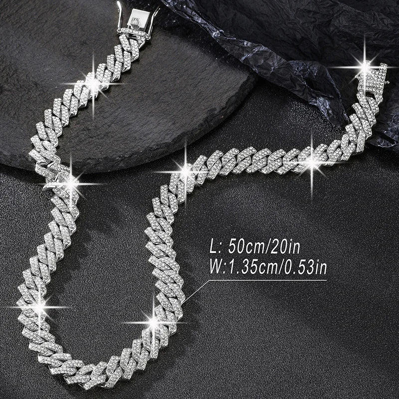 2pcs/set Necklace+bracelet   Y2K Rhinestone Cuban Lozenge Link Chain .  Hip Hop Miami Unisex Necklace , Rapper Necklace Jewelry