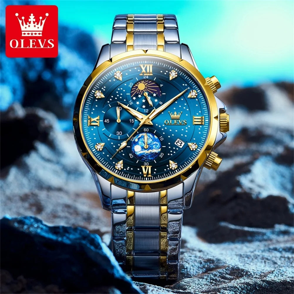 OLEVS 9807 Men Watch Fashion Trend Multi functional Original Starry Sky Waterproof Moonphase Watch Luxury Brand Men Quartz Watch