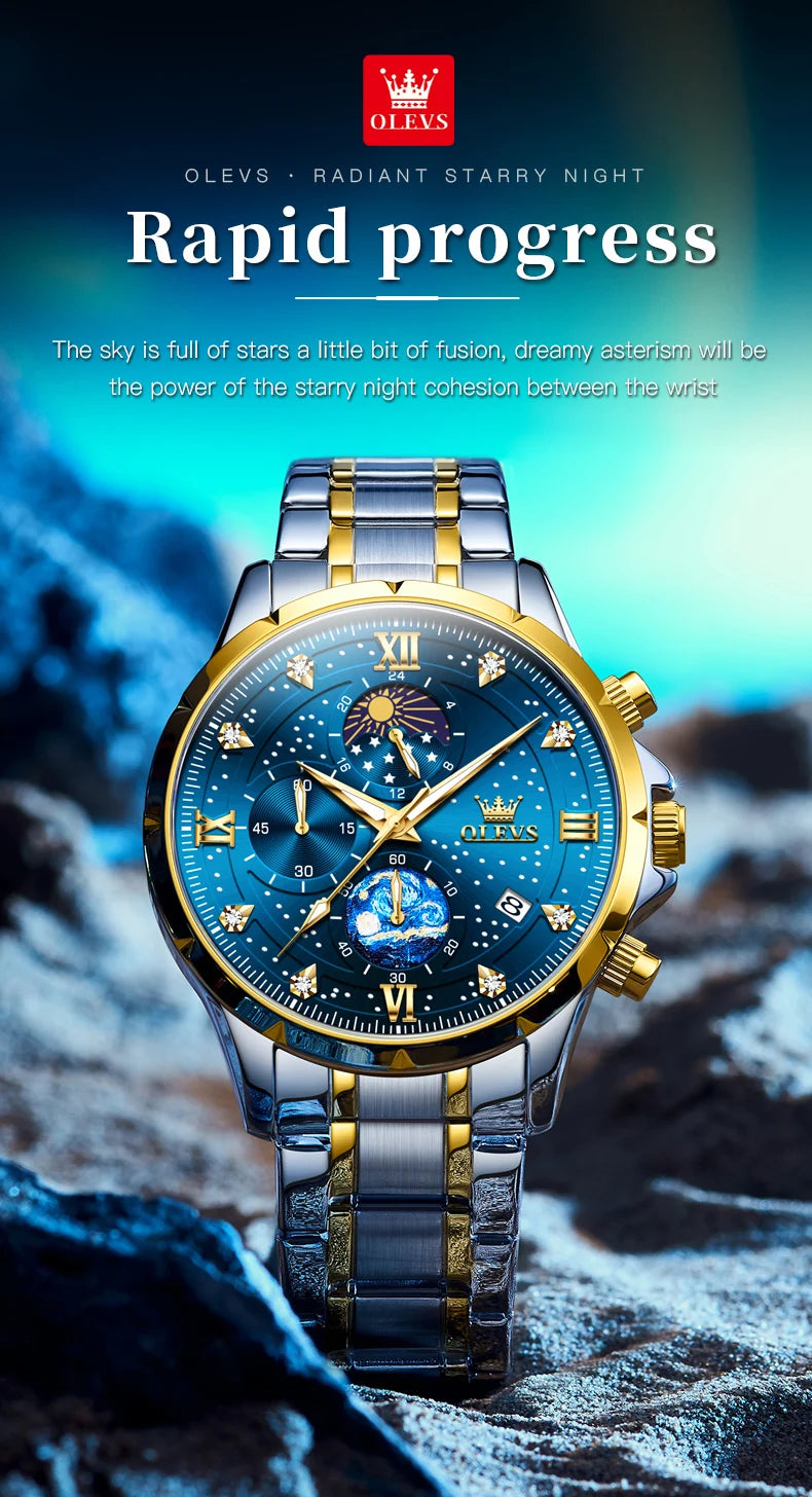 OLEVS 9807 Men Watch Fashion Trend Multi functional Original Starry Sky Waterproof Moonphase Watch Luxury Brand Men Quartz Watch