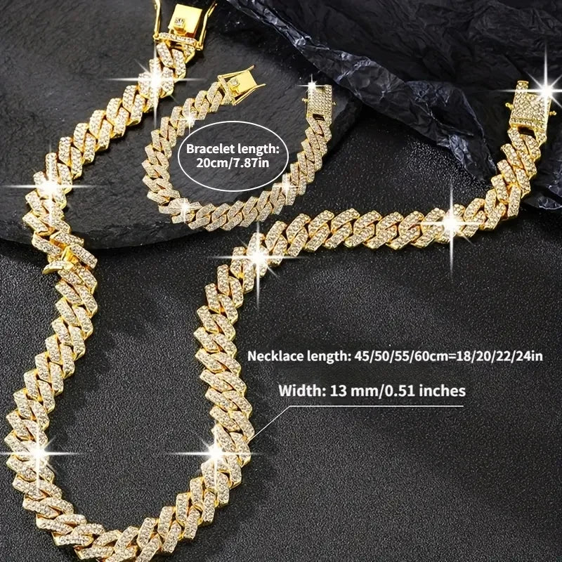 2pcs/set Necklace+bracelet   Y2K Rhinestone Cuban Lozenge Link Chain .  Hip Hop Miami Unisex Necklace , Rapper Necklace Jewelry