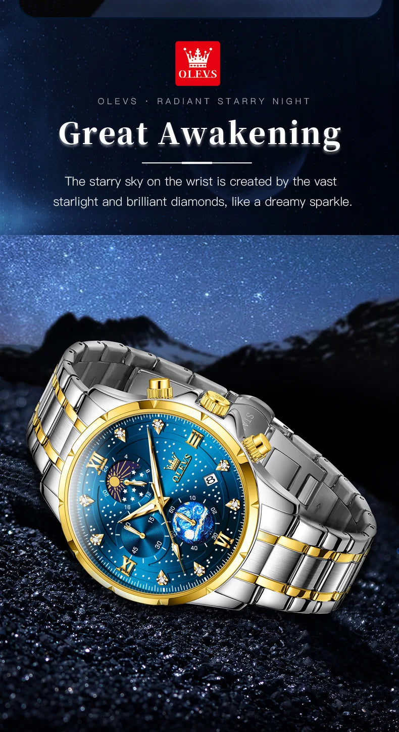 OLEVS 9807 Men Watch Fashion Trend Multi functional Original Starry Sky Waterproof Moonphase Watch Luxury Brand Men Quartz Watch