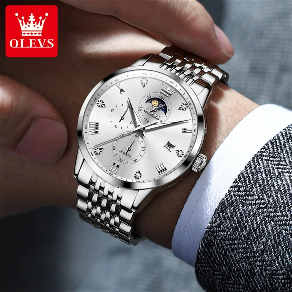 OLEVS Trend Fashion Men's Watches Simple Business Original Quartz Watch for Man Waterproof Luminous Date Moon Phase Chronograph