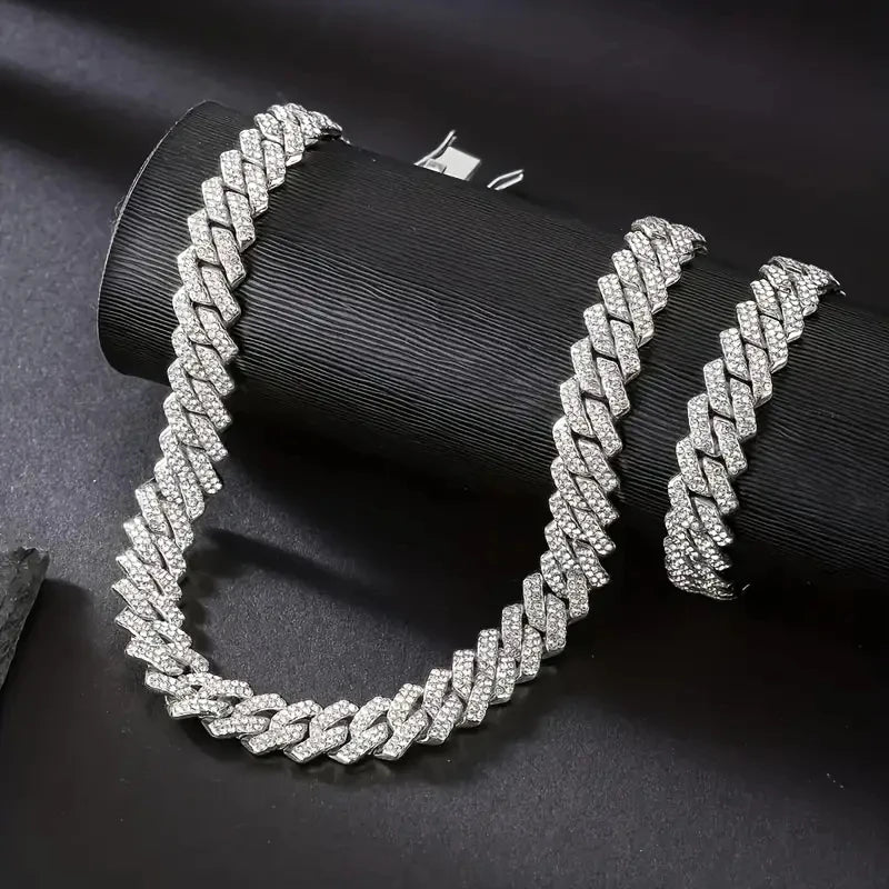 2pcs/set Necklace+bracelet   Y2K Rhinestone Cuban Lozenge Link Chain .  Hip Hop Miami Unisex Necklace , Rapper Necklace Jewelry